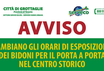 Città di Grottaglie, cambiano gli orari di esposizione dei bidoni per il porta a porta nel centro storico